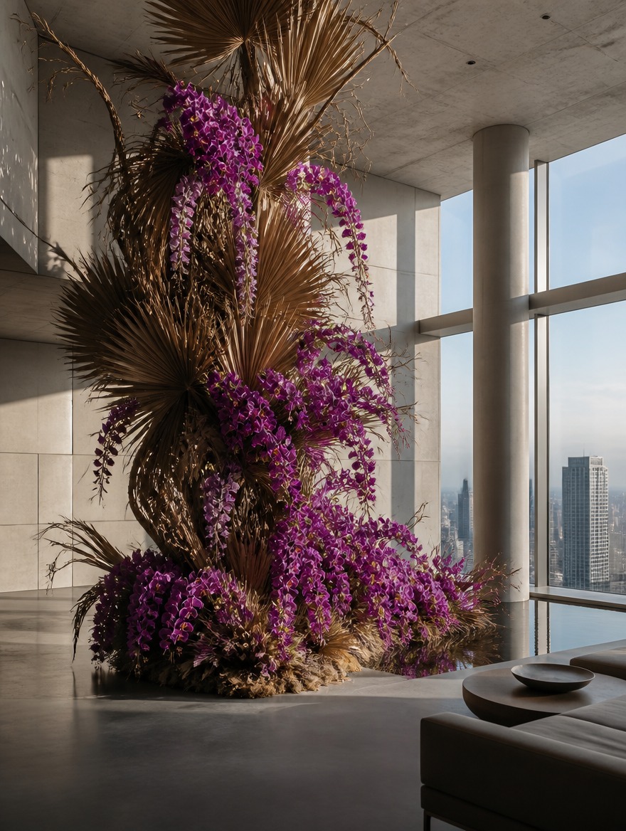 Bespoke architectural installation — monumental tropical arrangement for a Singapore penthouse. Sculptural branches, orchids, dramatic scale.