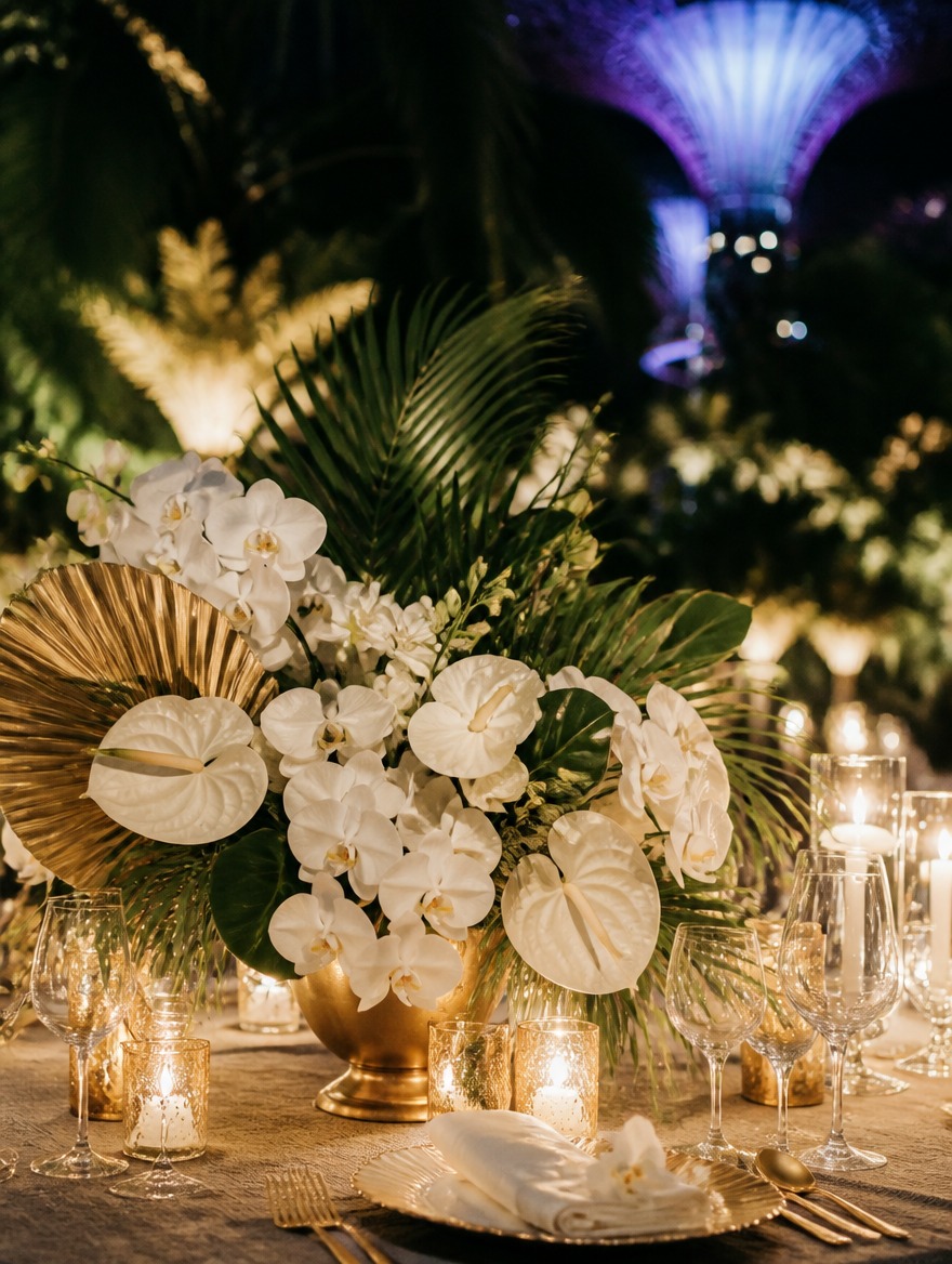 Tropical wedding centerpiece — white orchids, anthuriums, palm leaves in a gold vessel. Gardens by the Bay elegance.