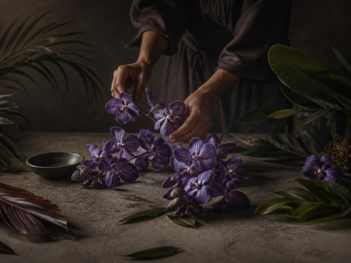 Florist's hands arranging purple Vanda orchids on a concrete workbench — tropical precision, Singapore craftsmanship